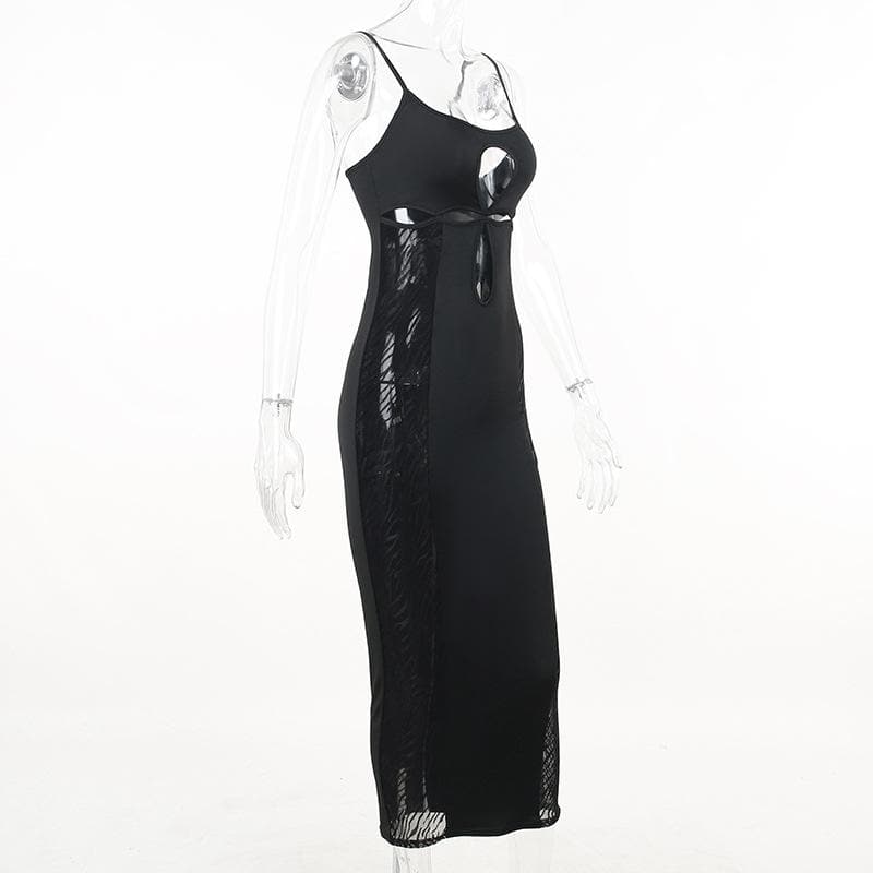Mesh solid hollow out backless cami midi dress - Final Sale