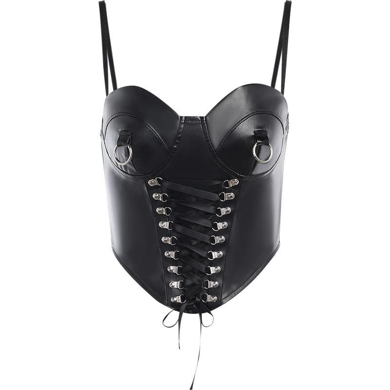 Lace up sweetheart neck PU leather zip-up cami crop top
