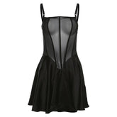 Mesh solid see through ruffle backless cami mini dress