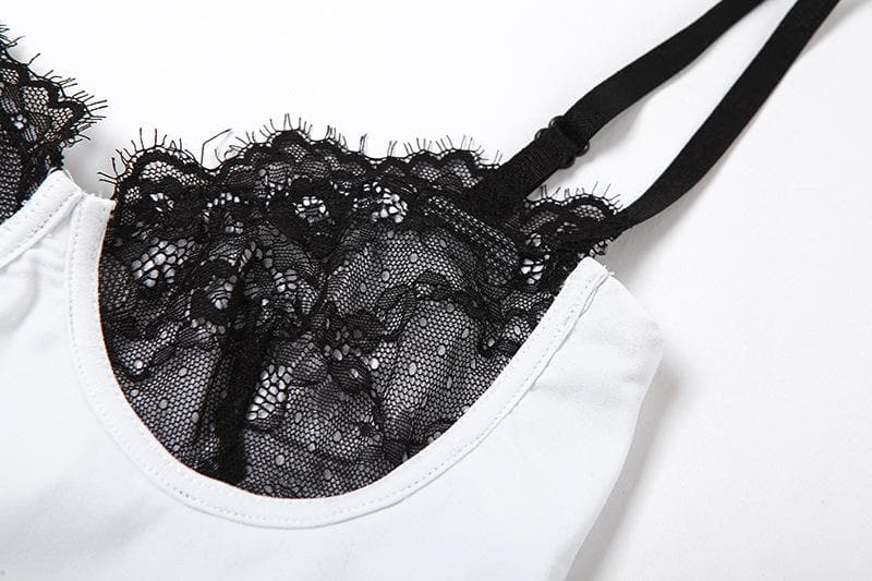Lace patchwork backless low cut contrast cami crop top
