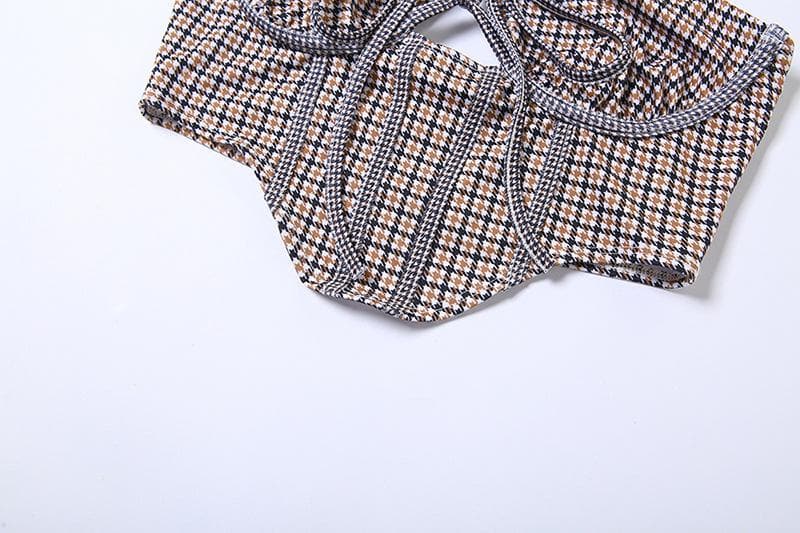 Contrast houndstooth print self tie backless cami crop top