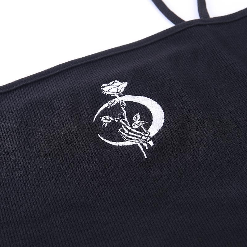 Embroidered ribbed cross tie back crop cami top