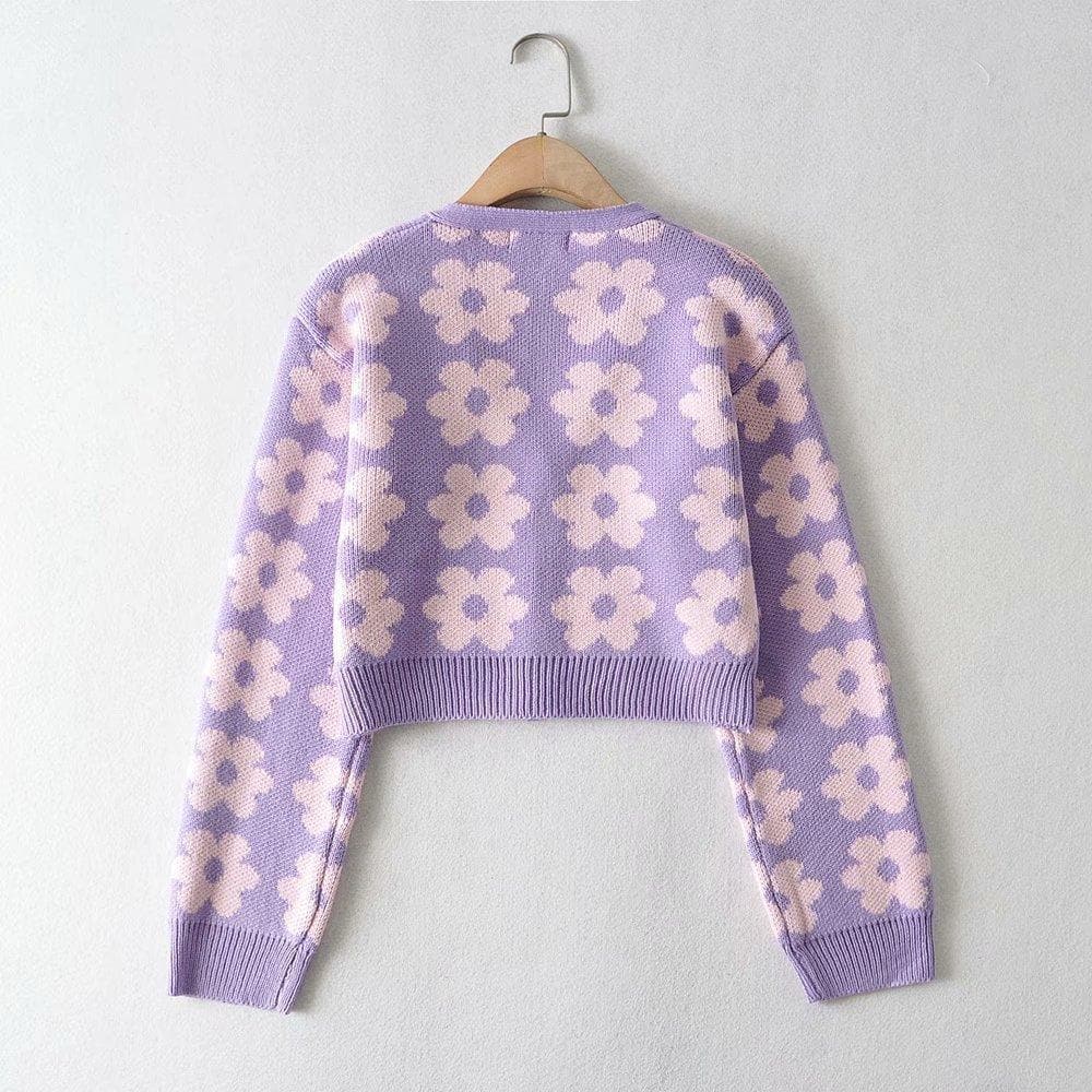 V neck flower pattern button knitted contrast long sleeve cardigan top