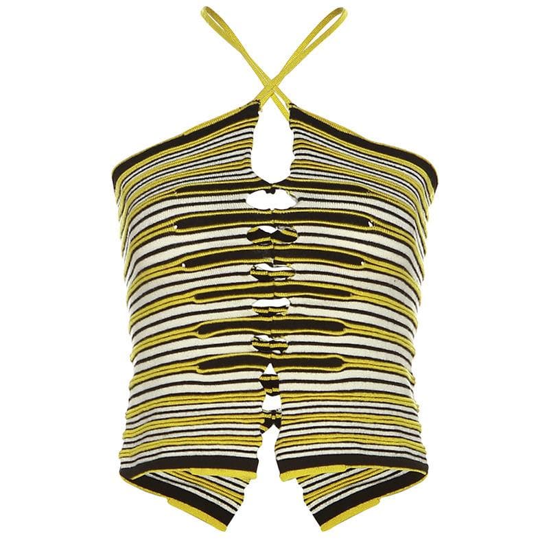 Knitted striped contrast hollow out cross front 2-way cami crop top