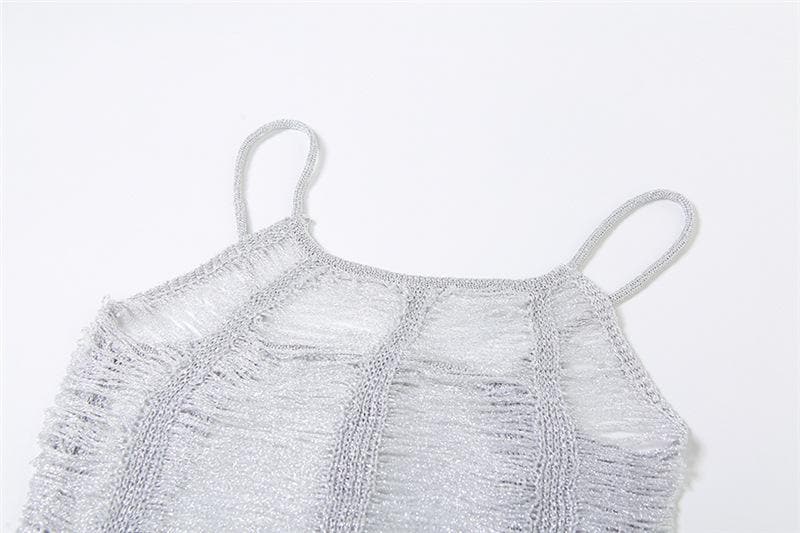 Crochet hollow out solid backless square neck cami mini dress