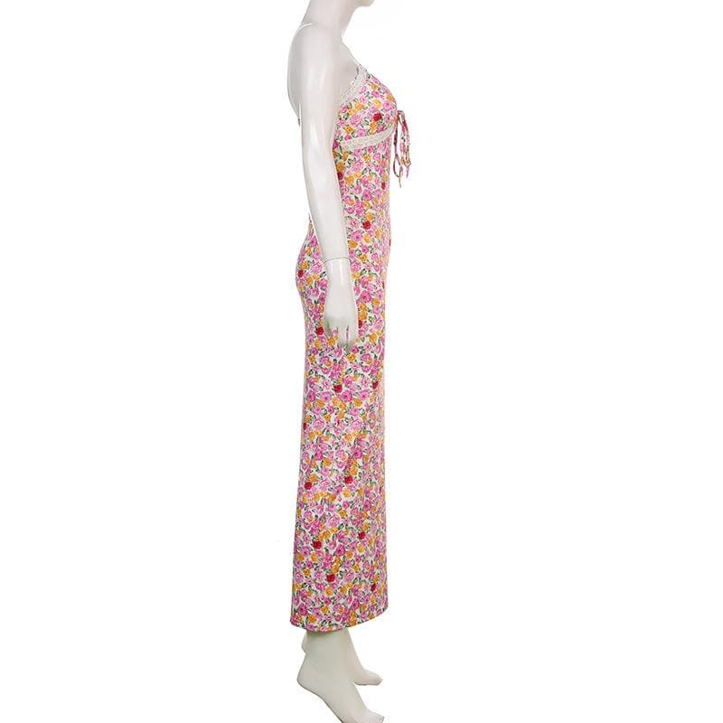 Contrast print self tie backless low cut v neck cami dress