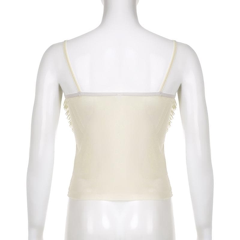 Mesh patchwork ruffle button contrast backless cami crop top