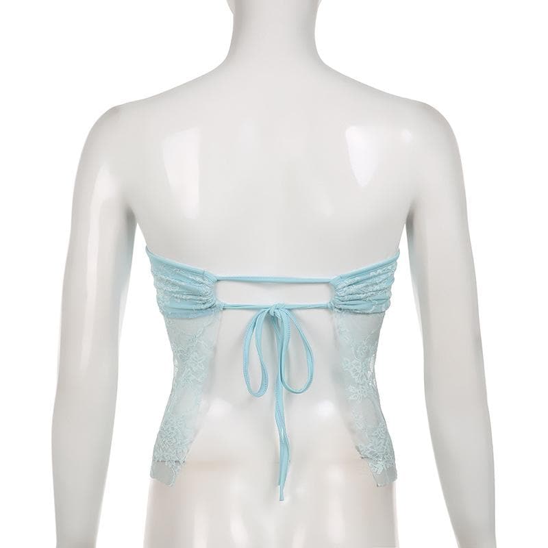 Lace solid ruched sweetheart neck backless self tie tube top