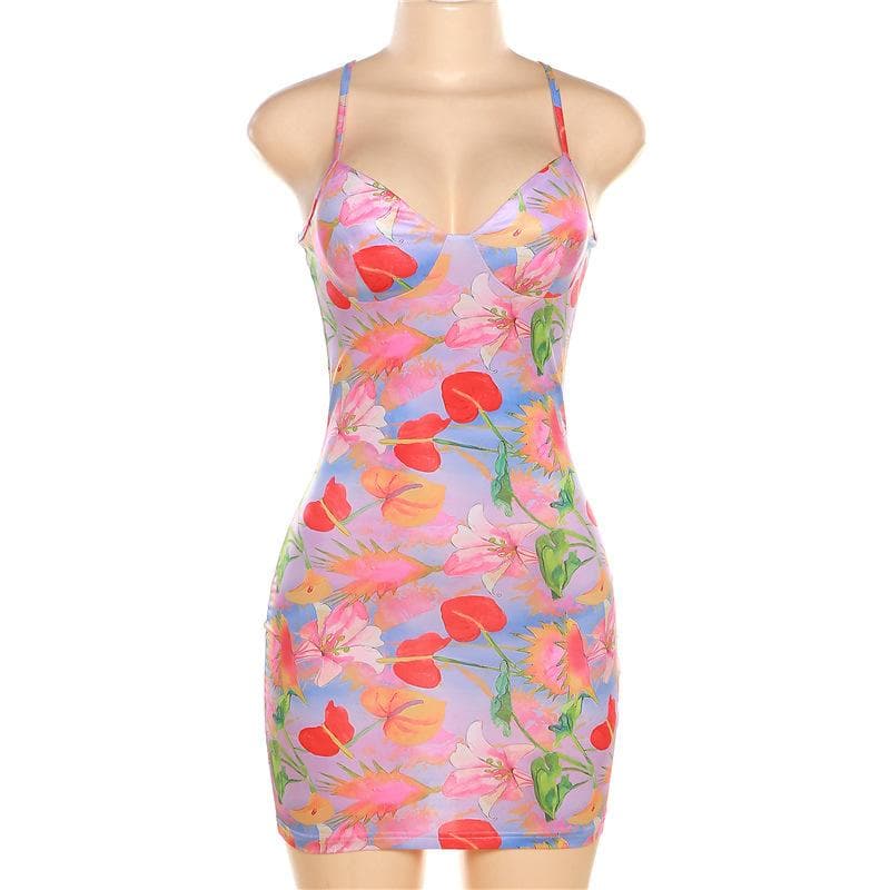 Flower print contrast low cut v neck cami mini dress