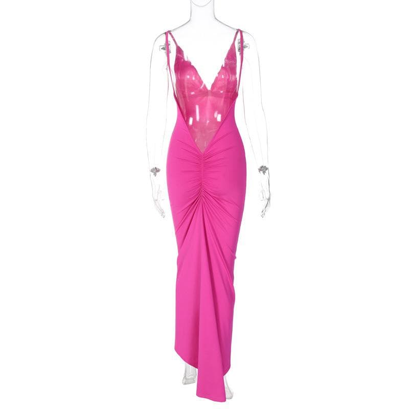 Solid v neck ruched backless cami maxi dress