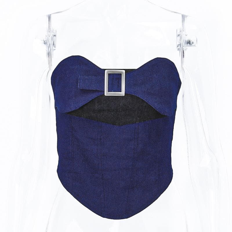 Contrast patchwork backless buckle denim tube top