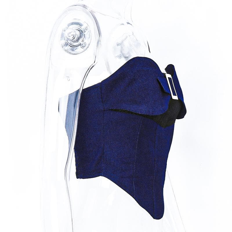 Contrast patchwork backless buckle denim tube top