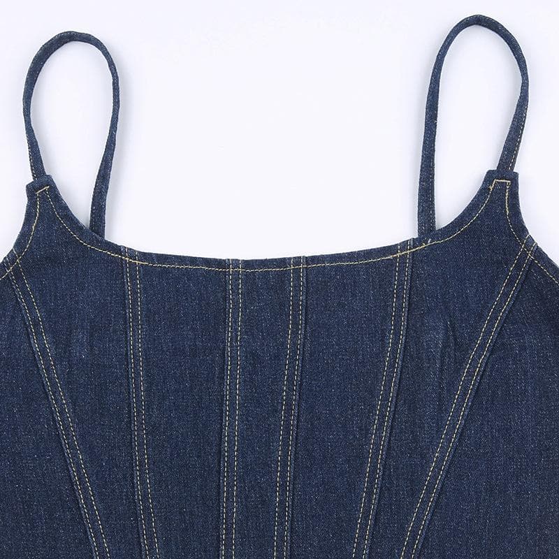 Stitch square neck backless zip-up denim cami top