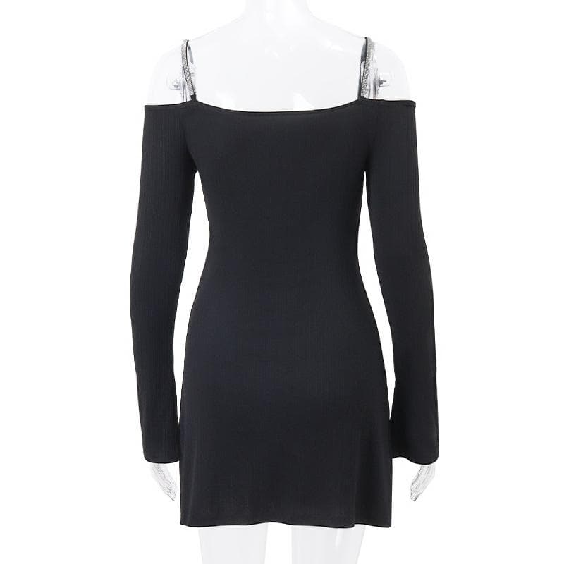 Long sleeve off shoulder textured hollow out cami mini dress