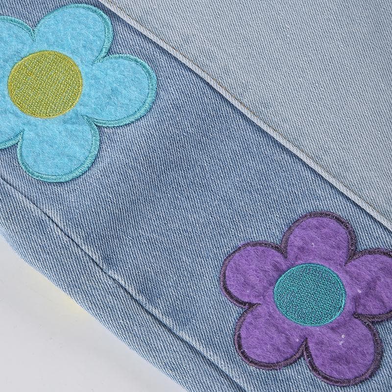 Flower embroidery patchwork contrast medium rise flared jeans - Final Sale