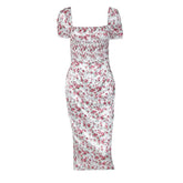 Satin flower pattern print zip-up ruched square neck short sleeve midi dress