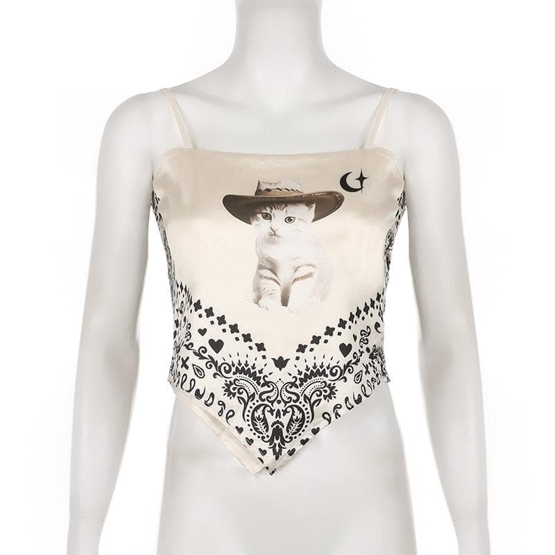 Satin cat pattern knotted contrast backless cami crop top