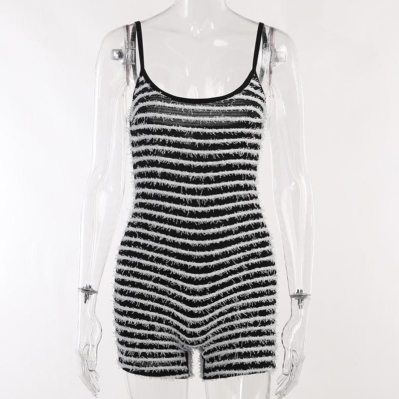 Contrast striped fluffy backless cami romper