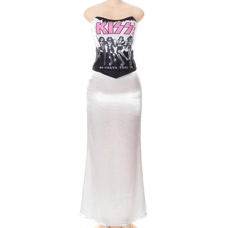 Satin abstract print contrast low cut tube top midi skirt set