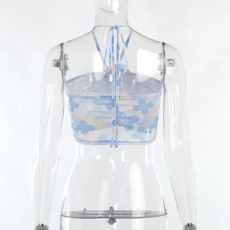 Contrast ruched halter mesh flower applique self tie crop top