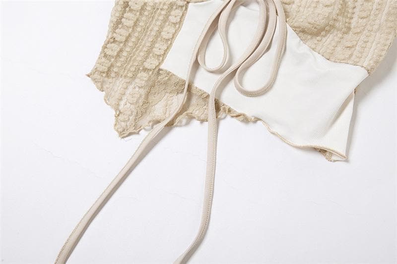 Lace v neck irregular patchwork contrast cami crop top