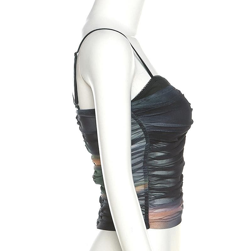 Mesh contrast ruched v neck backless cami top