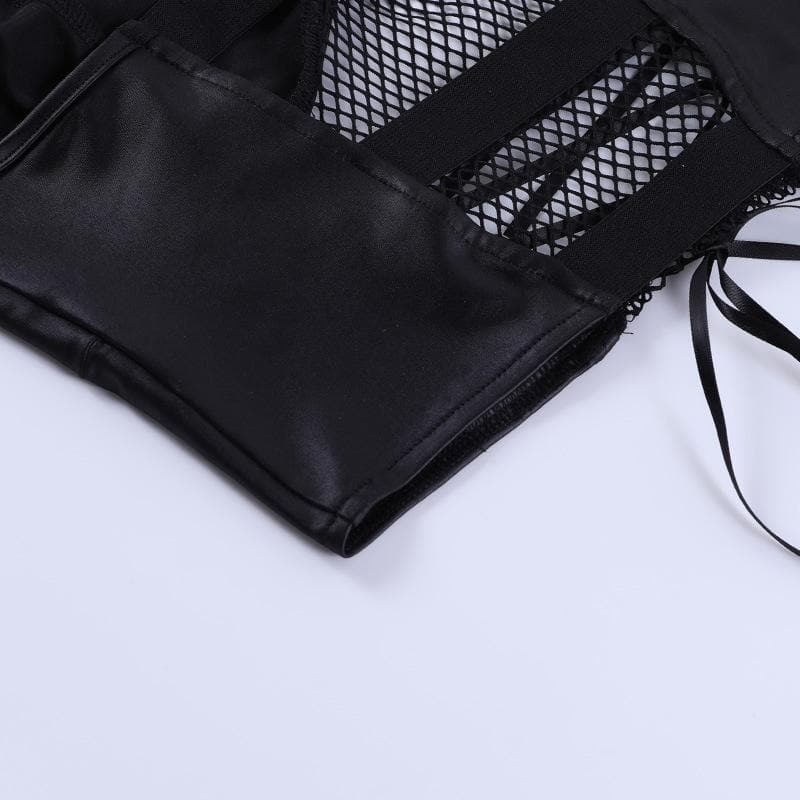 Backless v neck o ring lace up fishnet hollow out solid cami crop top - Final Sale