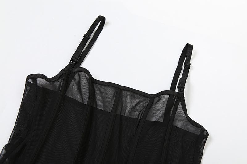 Mesh solid see through ruffle backless cami mini dress