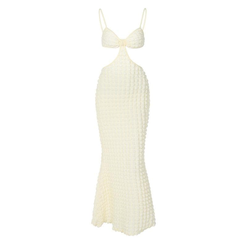 Solid hollow out waffle backless cami midi dress