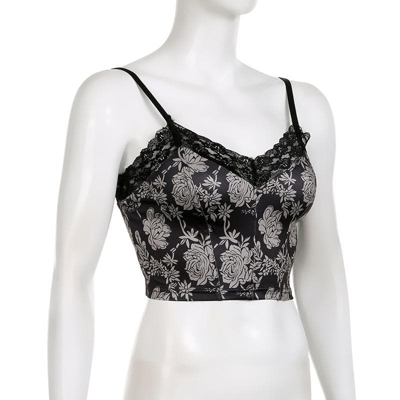 Flower print lace hem v neck contrast backless cami crop top
