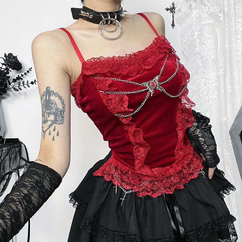 Velvet lace hem metal chain ruffle cami top