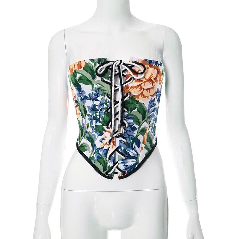 Lace up bustier flower print contrast backless tube top