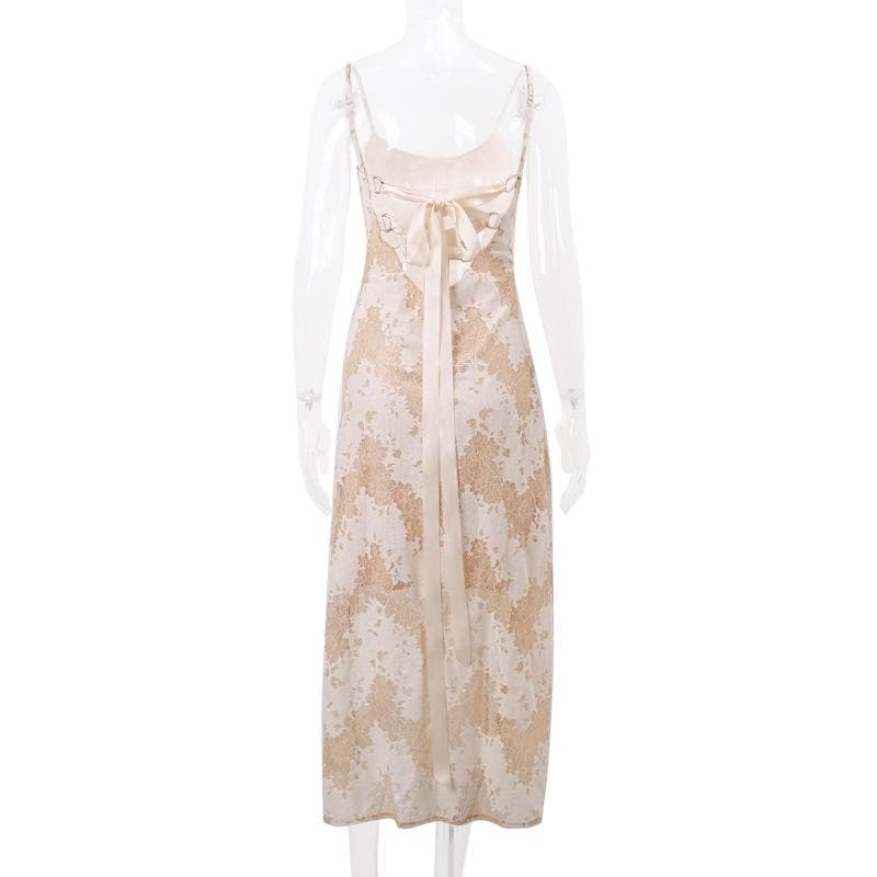 Lace u neck zip-up backless self tie cami midi dress