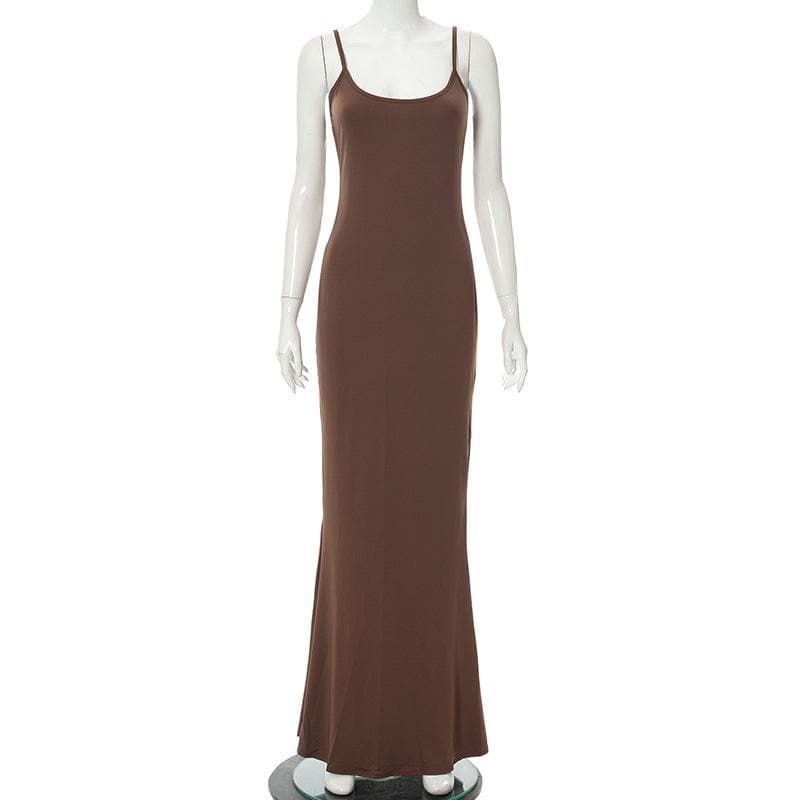Sleeveless solid square neck mermaid hem cami maxi dress