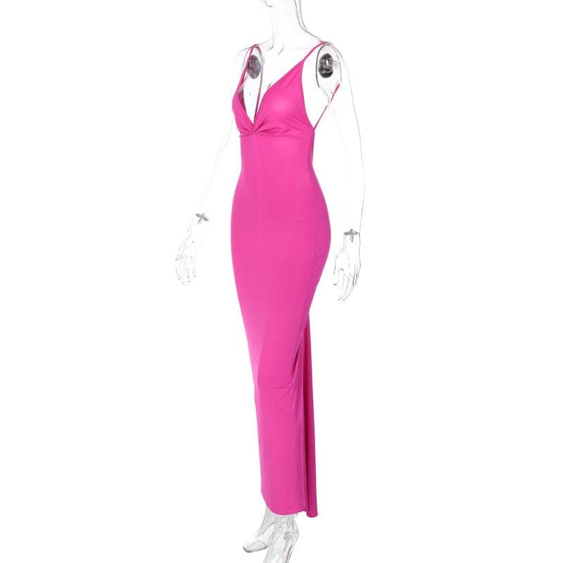 Solid v neck ruched backless cami maxi dress
