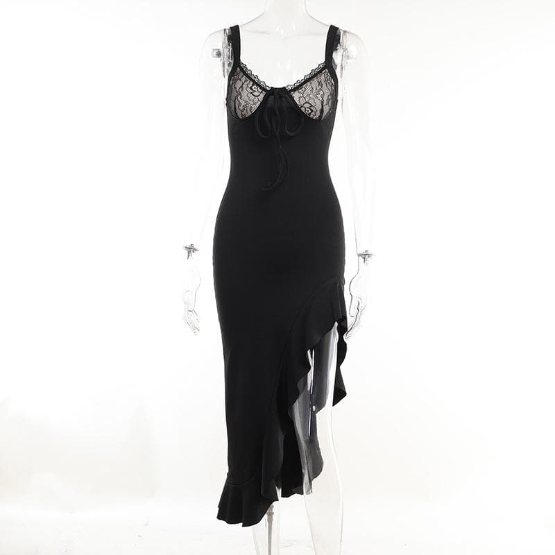 Ruffle slit v neck irregular backless lace cami midi dress