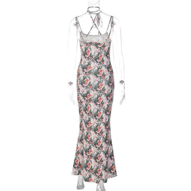 Flower print contrast halter cross back cami maxi dress