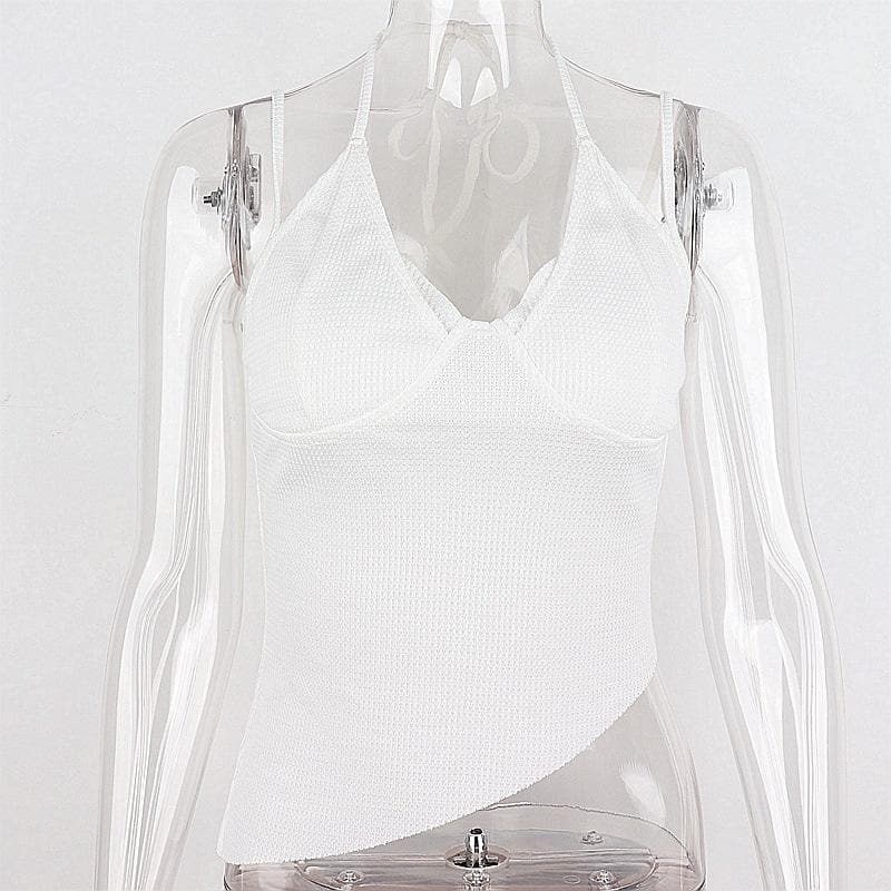 Waffle halter self tie irregular solid cami crop top