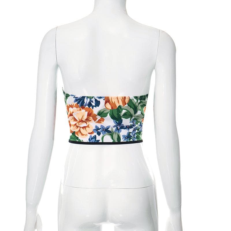 Lace up bustier flower print contrast backless tube top