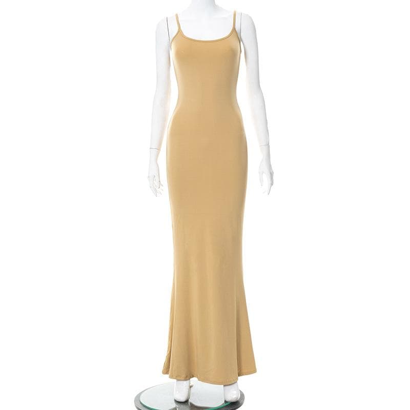 Sleeveless solid square neck mermaid hem cami maxi dress