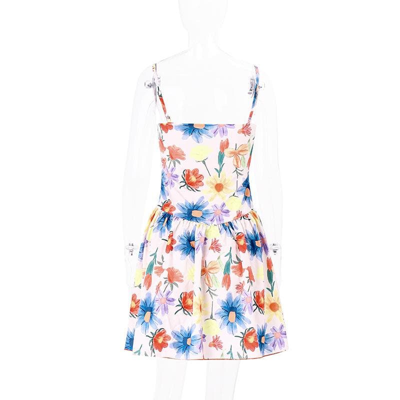 Flower contrast print backless ruched sweetheart neck cami dress - Final Sale