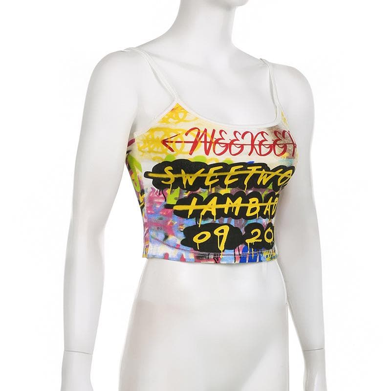 Letter print contrast u neck backless cami crop top - Final Sale