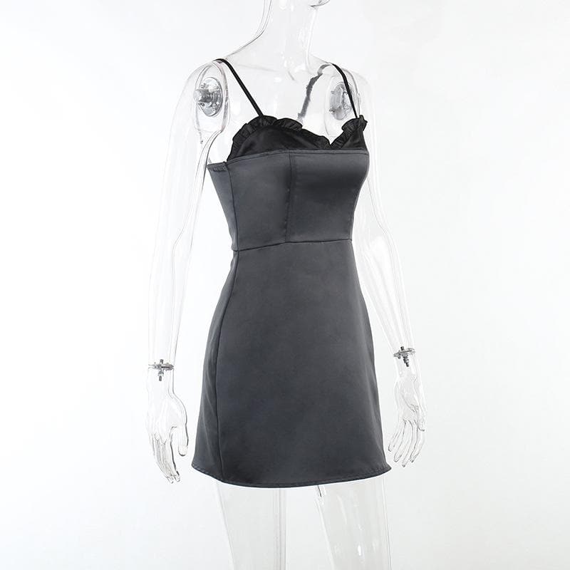 Patchwork satin ruffle contrast zip-up backless cami mini dress - Final Sale