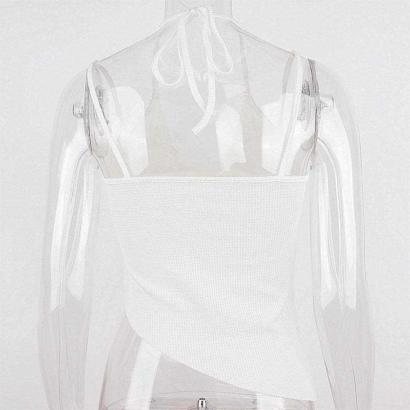 Waffle halter self tie irregular solid cami crop top