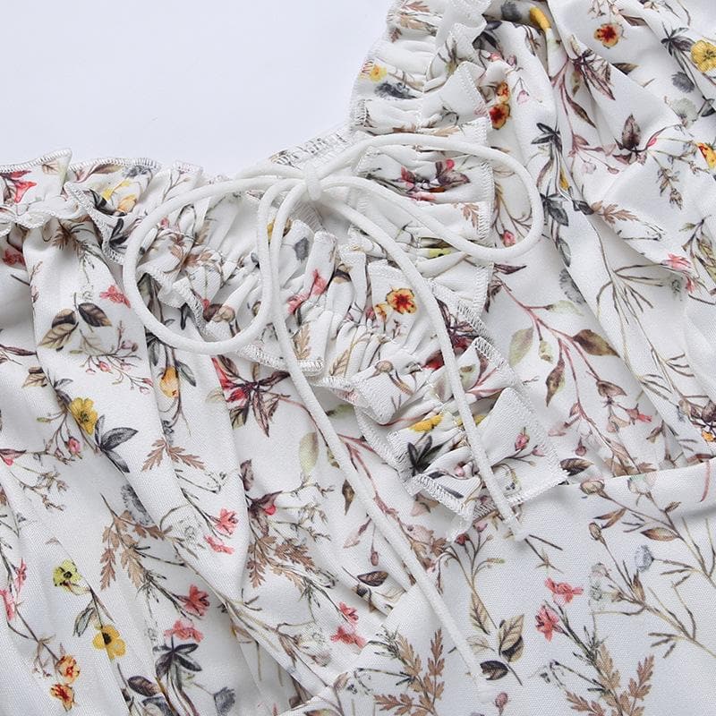 Short sleeve off shoulder puff sleeve slit flower pattern ruched midi dress