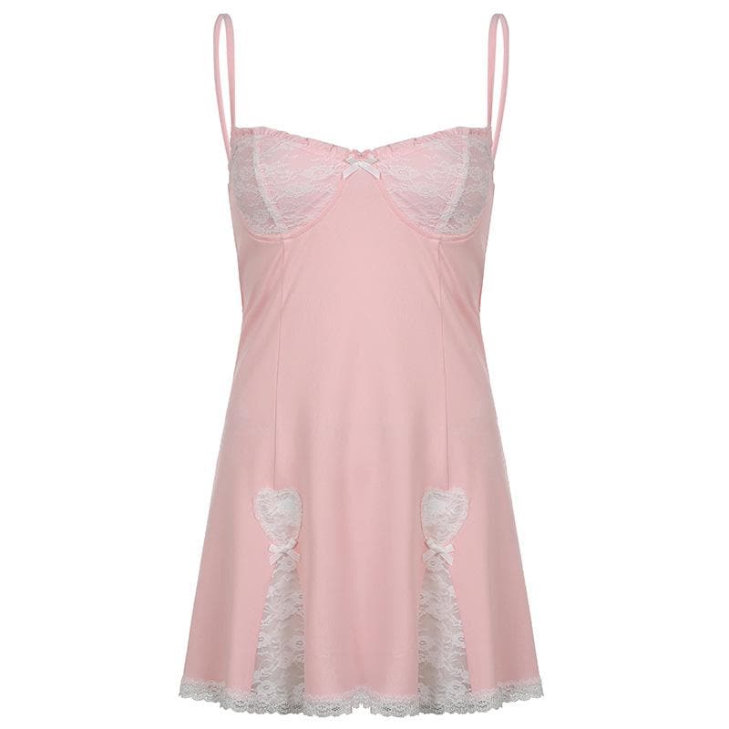 Low cut bowknot lace ruffled cami A line dress