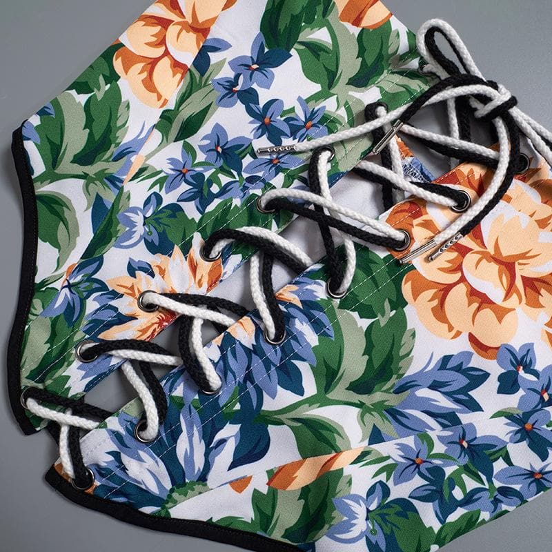 Lace up bustier flower print contrast backless tube top