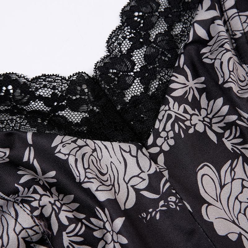 Flower print lace hem v neck contrast backless cami crop top