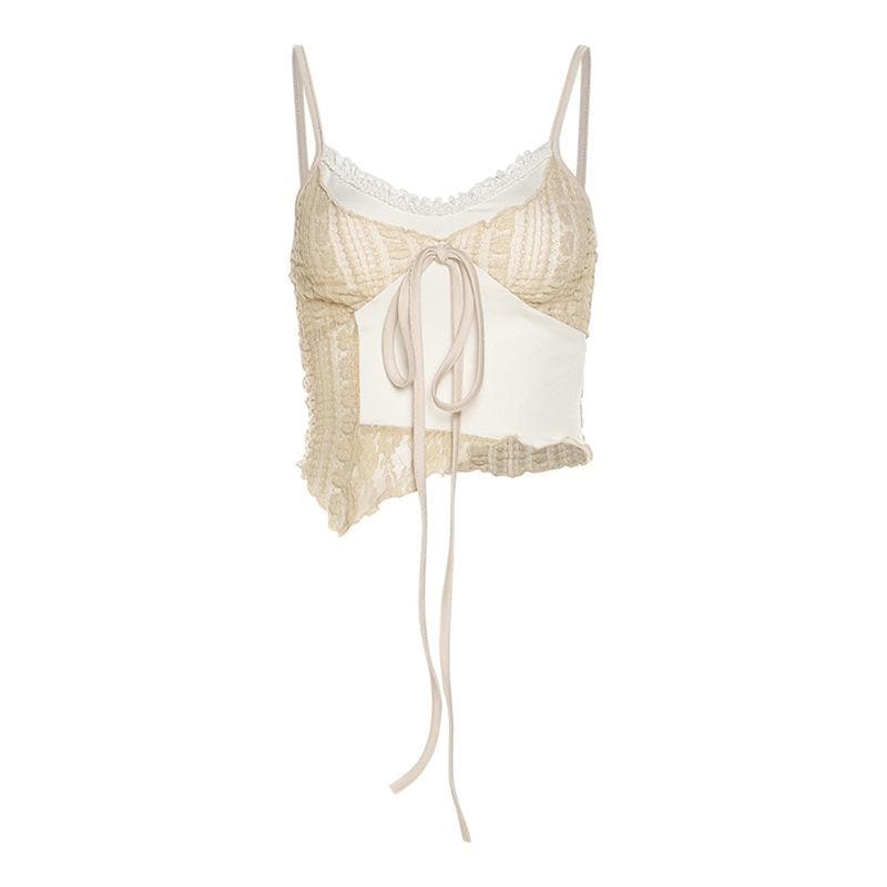 Lace v neck irregular patchwork contrast cami crop top