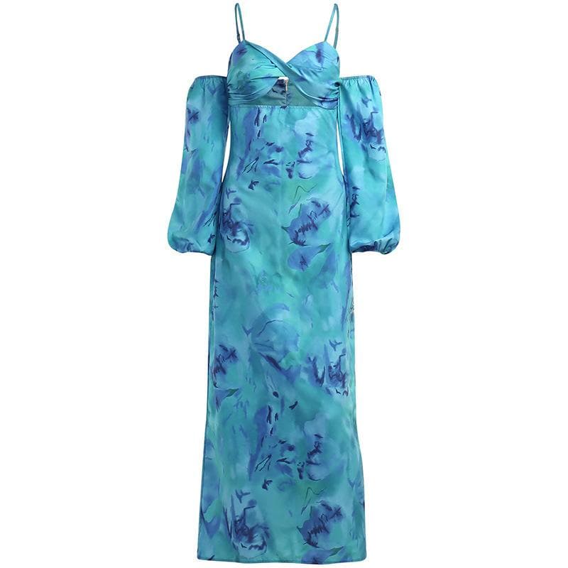 Long sleeve contrast off shoulder hollow out flower print midi dress